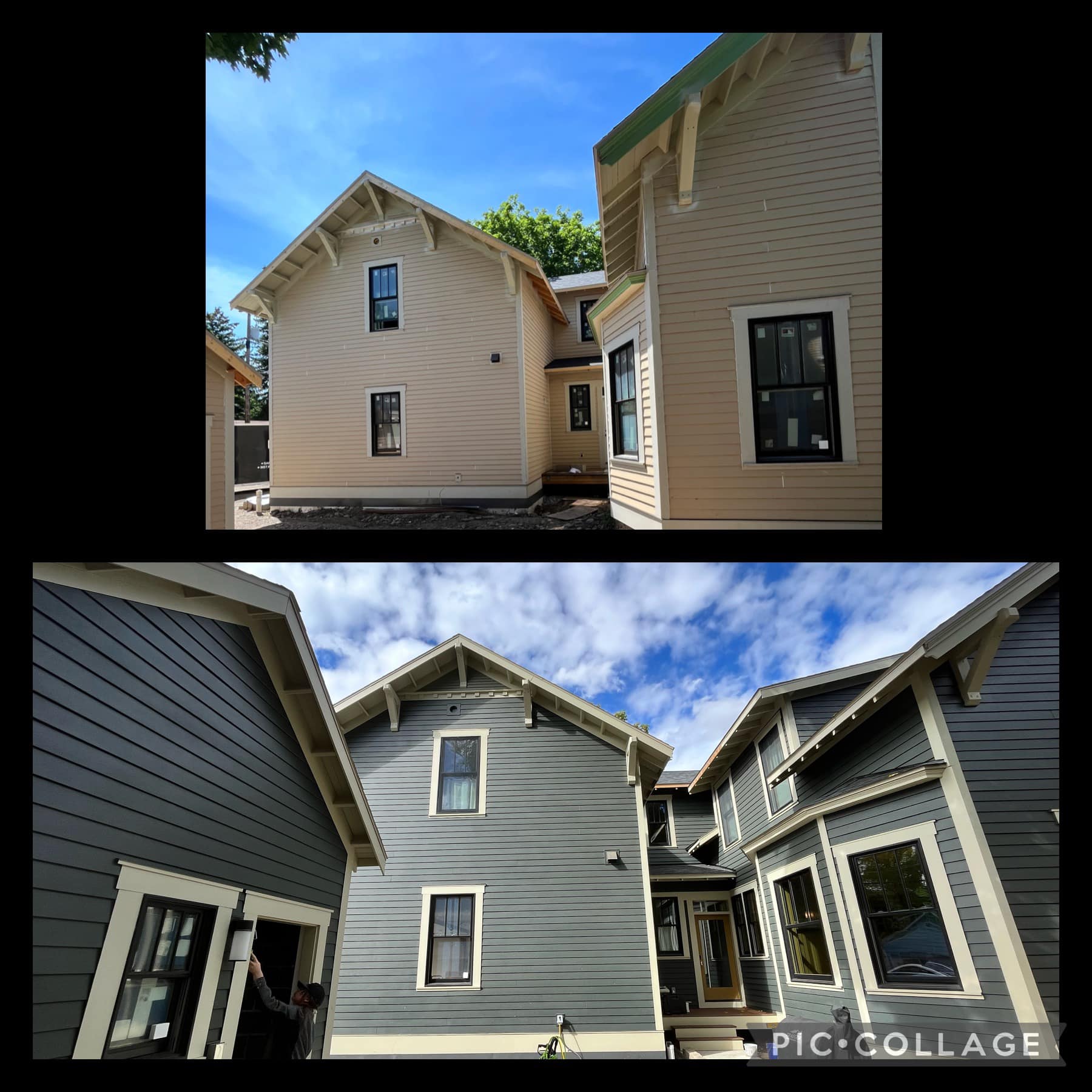 Two-story home exterior transformed with slate blue paint by Treeline Painting