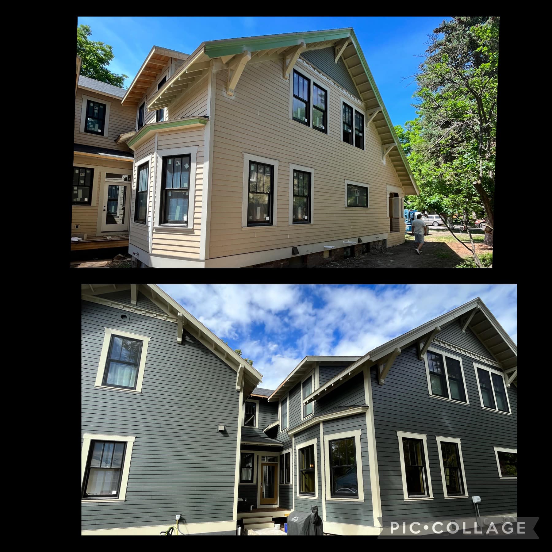 Craftsman home exterior before and after deep blue-gray repaint by Treeline Painting