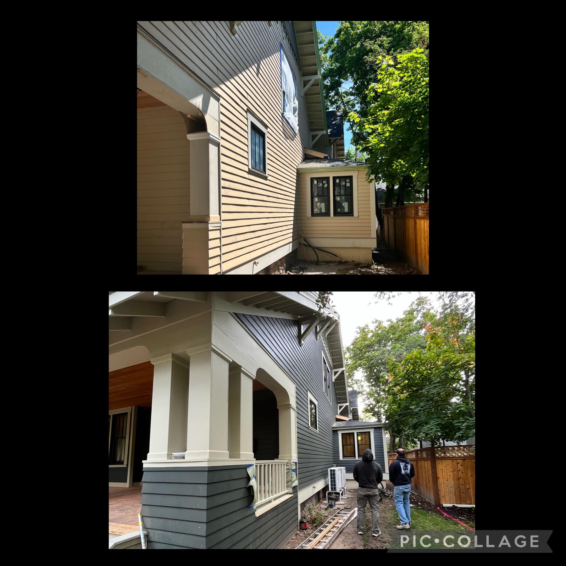 Side elevation of craftsman home before and after Treeline Painting exterior repaint